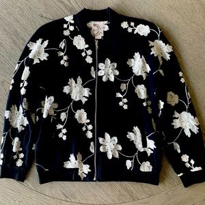 Tulle Embroidered Bomber Jacket, Black & White, Size L. NWT.